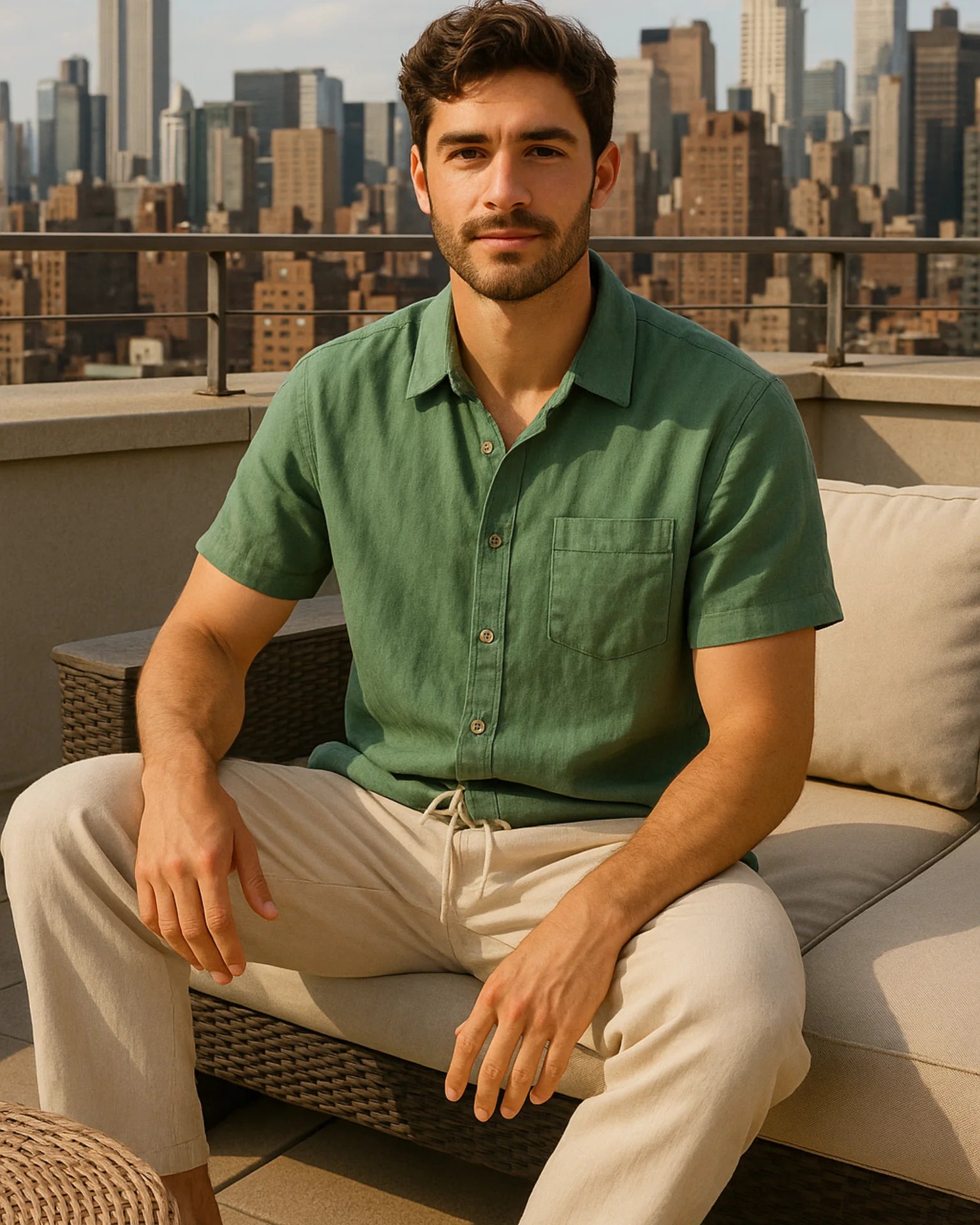 2 PIECE LINEN SET - GREEN / BEIGE
