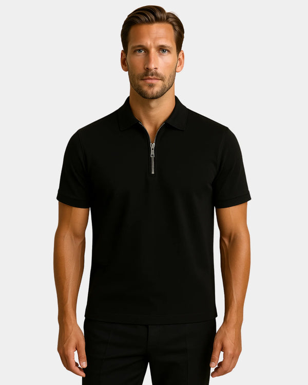 Adriano Zip Polo T-Shirt  - Black